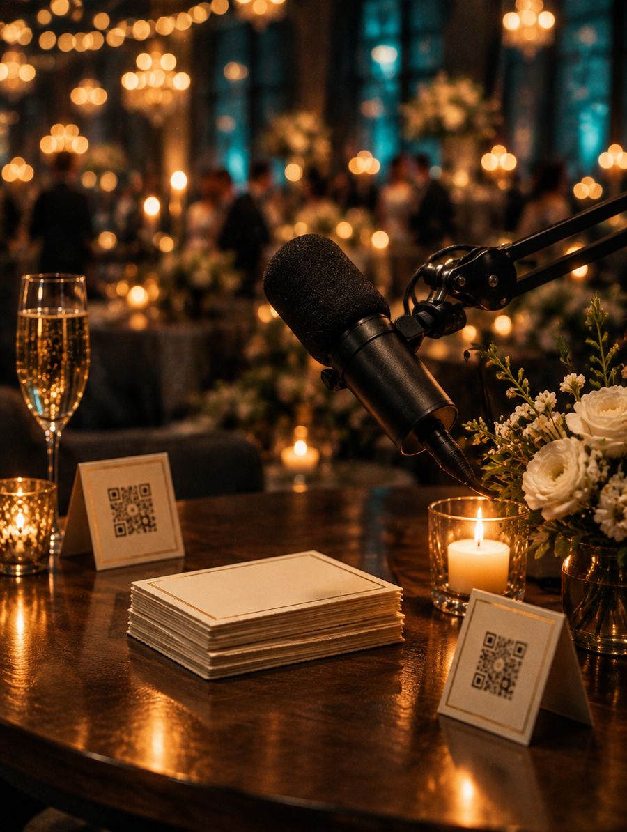 Question cards, QR table tents and a microphone on a walnut table