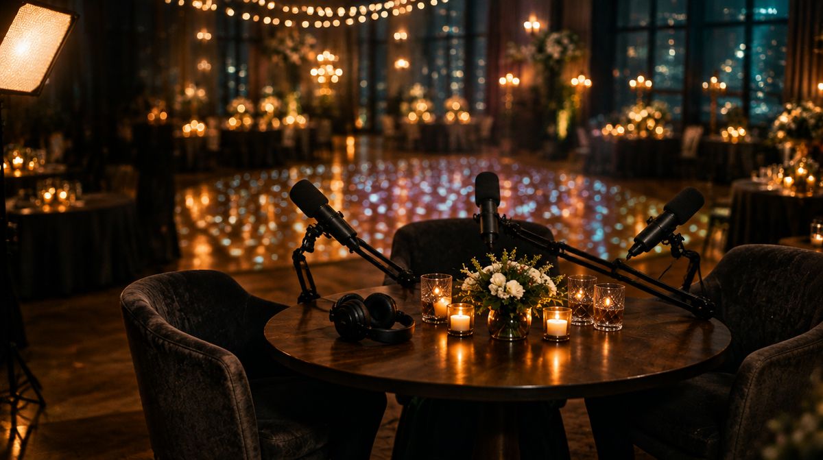 An empty podcast set waiting for guests at a wedding reception