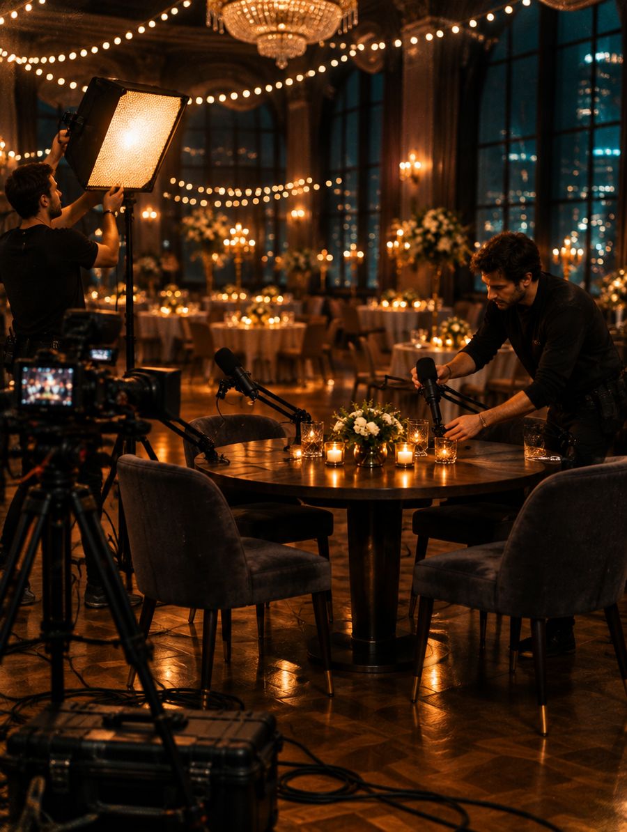 Crew setting up the podcast set before guests arrive